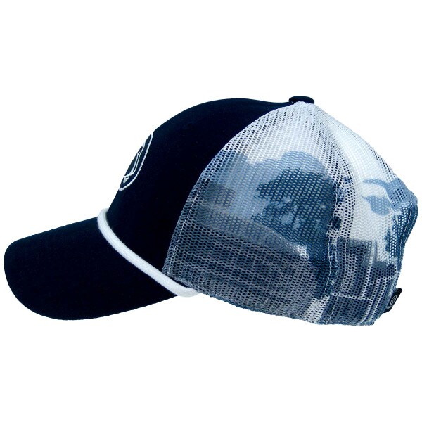 left side view of trucker hat with Penn State Athletic Logo and campus buildings on back mesh